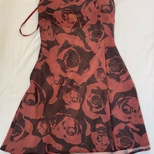 Floral Rose-Print Mini Dress in Deep Red